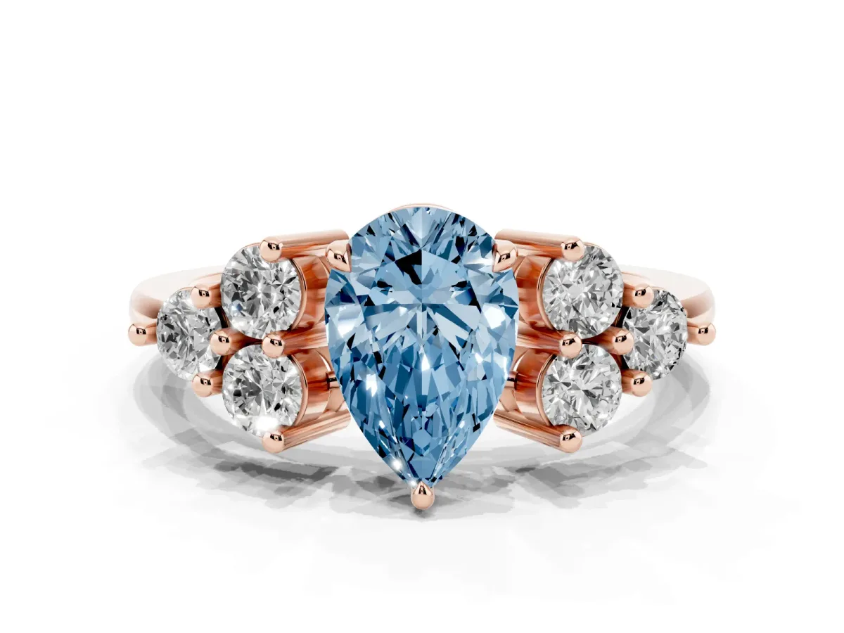 Fancy Blue Pear Cut Brilliant Diamond Cluster Accent Solitaire Ring with Prong Setting Rose gold