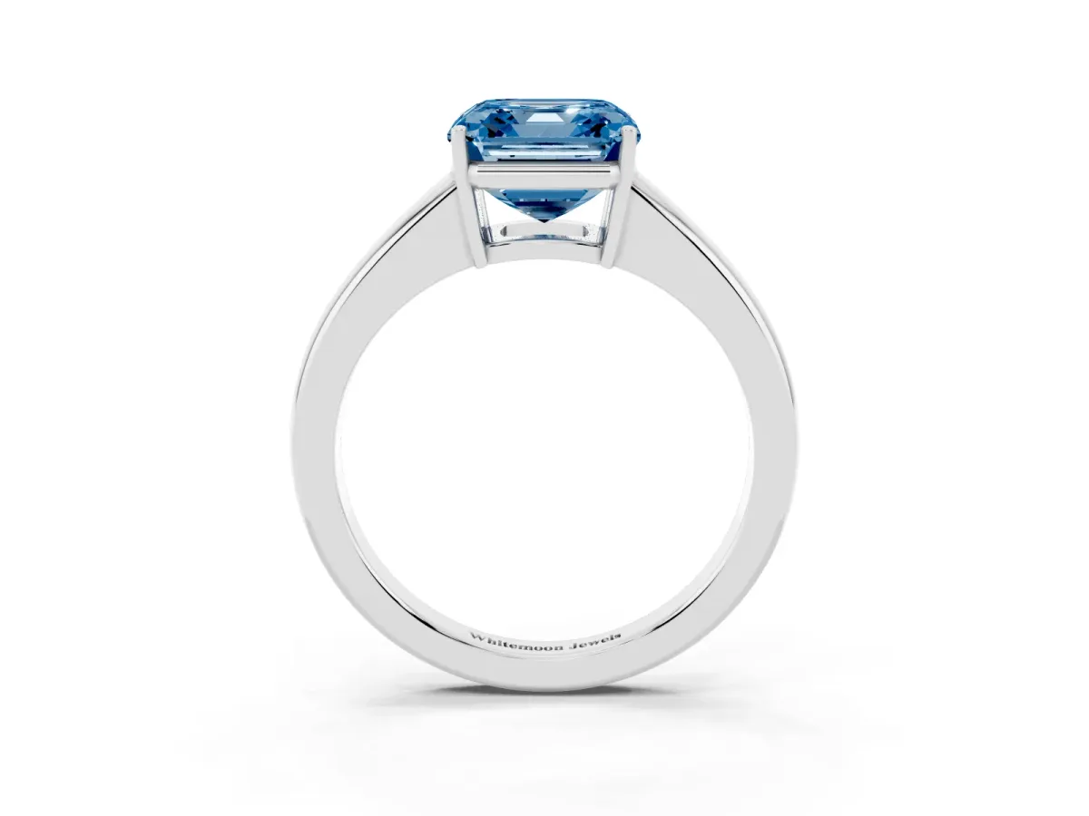 Fancy Blue Asscher Cut Solitaire Diamond Ring with Tapered Band and Four-Prong Setting Silver