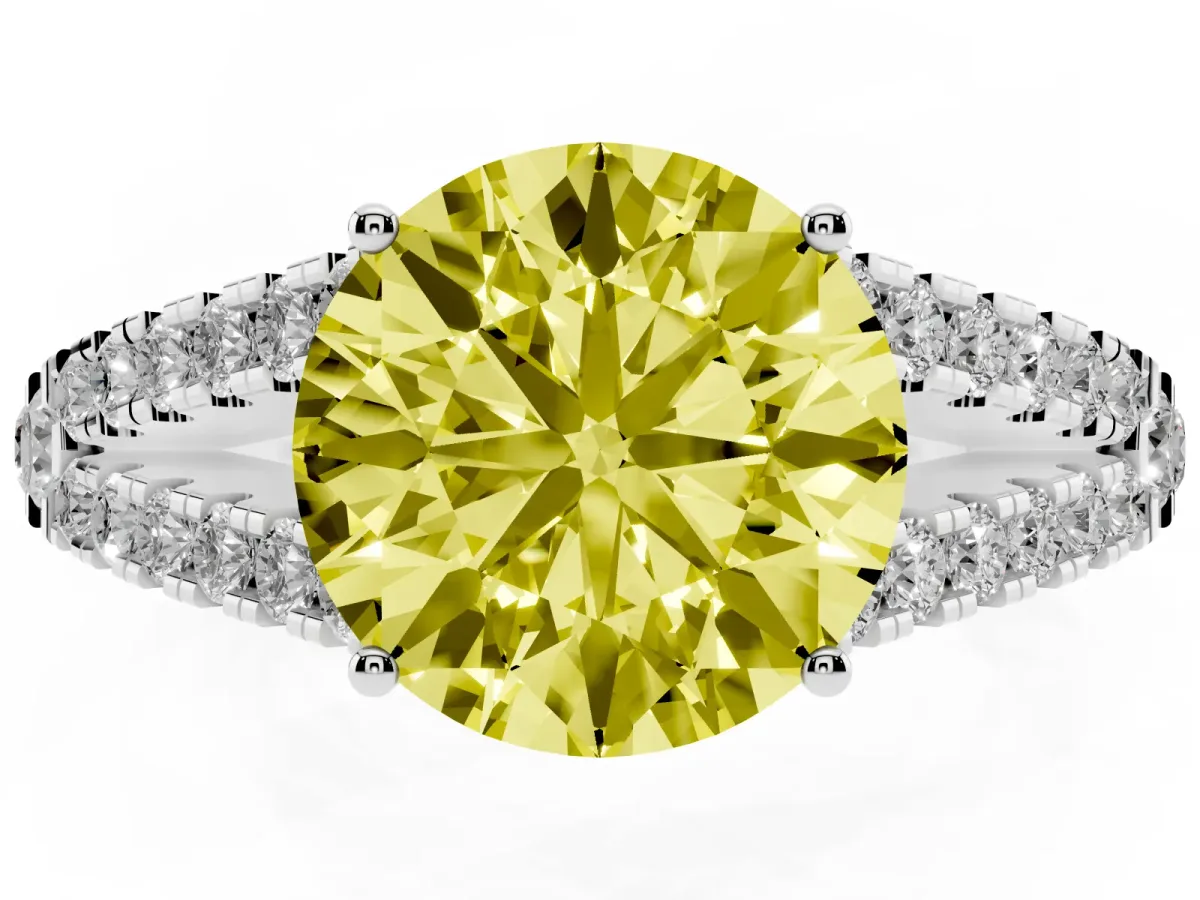 Fancy Yellow Round Cut Diamond Split Shank Pavé Engagement Ring with Four-Prong Setting White gold