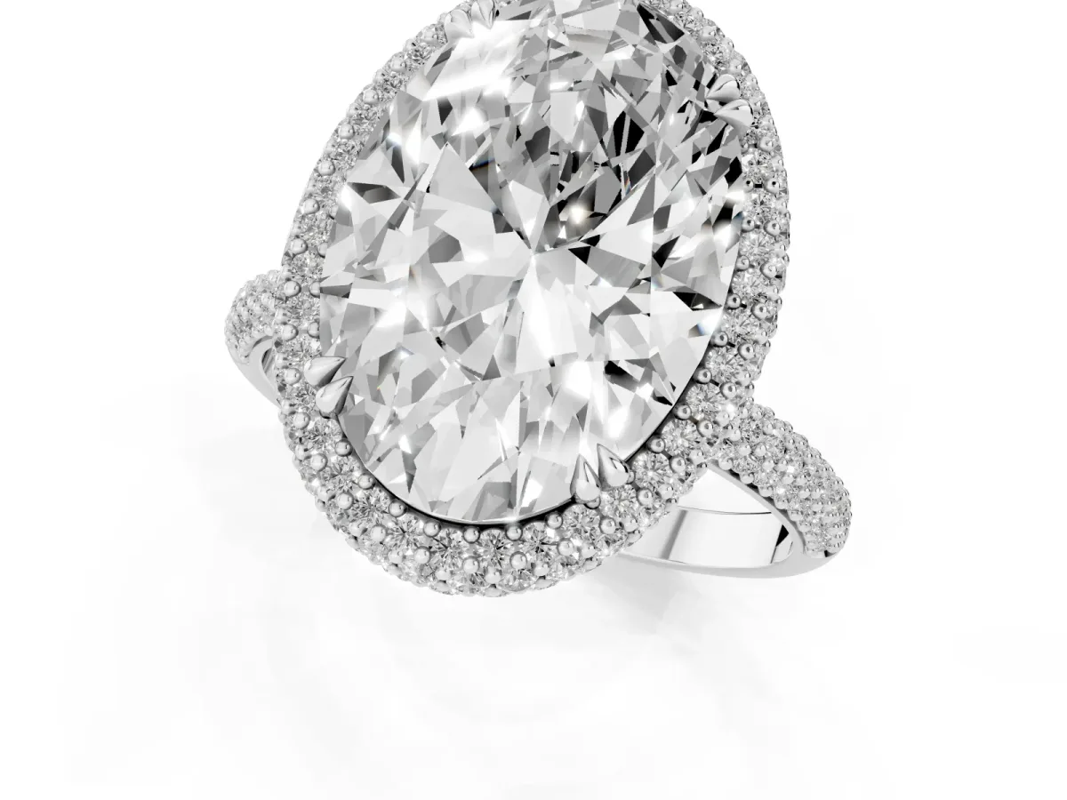 Oval Diamond Halo Ring with Round Diamond Accents Silver