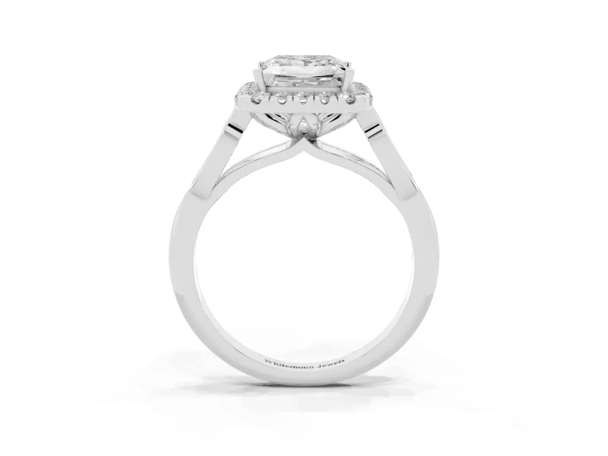 Princess Cut Halo Diamond Engagement Ring with Filigree Band and Four-Prong Setting Silver
