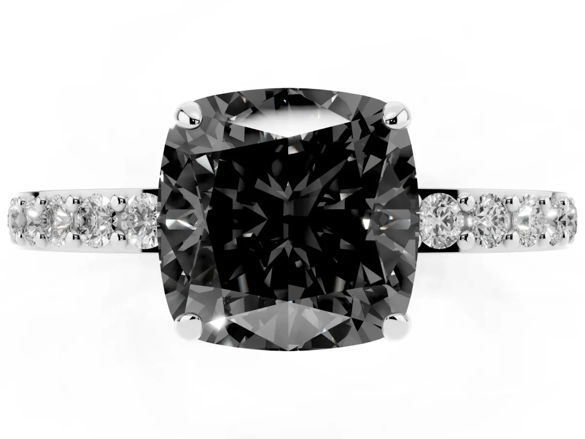 Fancy Black Cushion Cut Diamond Pavé Engagement Ring with Round Accents and Prong Setting Silver