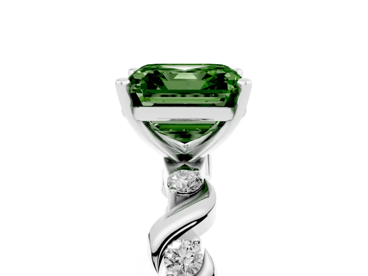 Fancy Green Asscher Cut Diamond Solitaire Twisted Band with Round Accents and Prong Setting Platinum