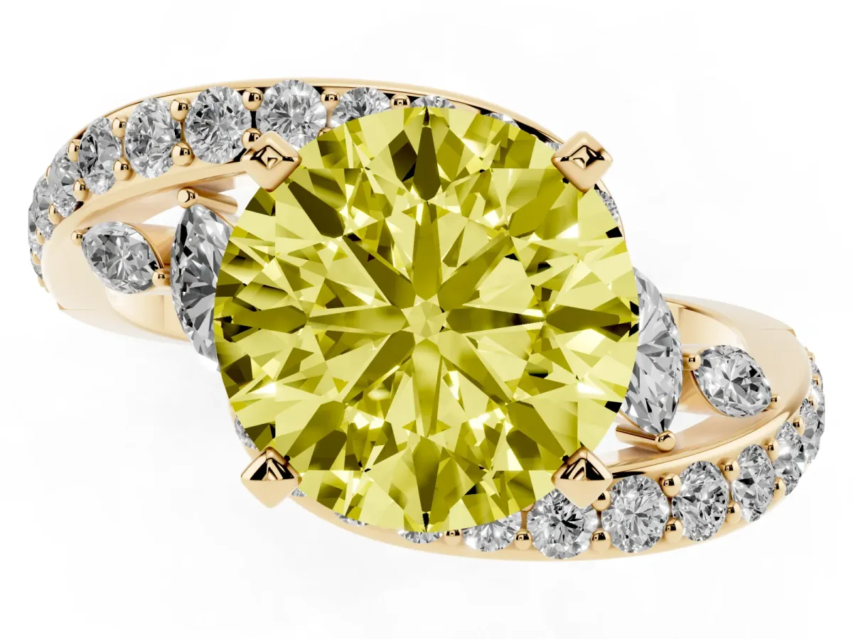 Fancy Yellow Round Cut Solitaire with Pavé Twist Band and Four-Prong Setting Yellow gold