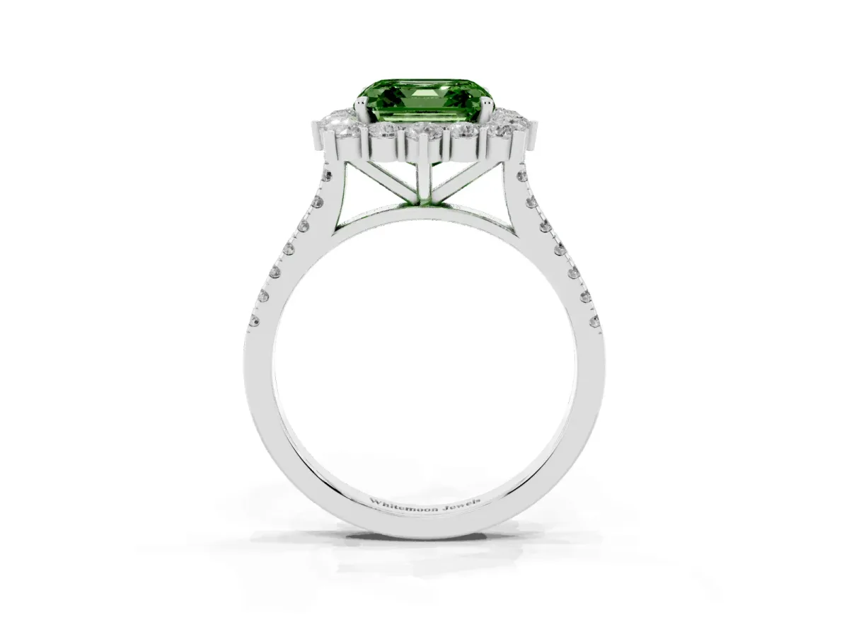 Fancy Green Asscher Cut Halo Diamond Ring with Pavé Band and Prong Setting Silver