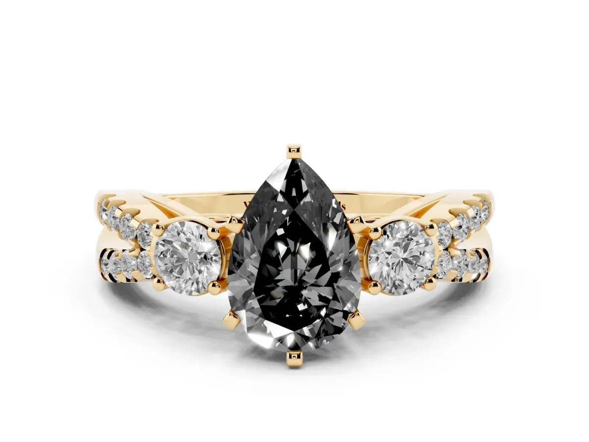 Fancy Black Pear Cut Diamond Three-Stone Ring with Pavé Split Shank and Four-Prong Setting Yellow gold