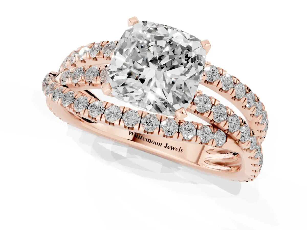 Cushion Cut Solitaire Twist Band with Pavé Setting and Four-Prong Setting Rose gold