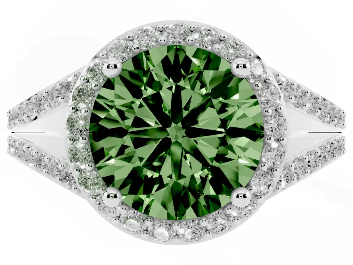 Fancy Green Round Cut Halo Split Shank Diamond Ring with Prong Setting Silver