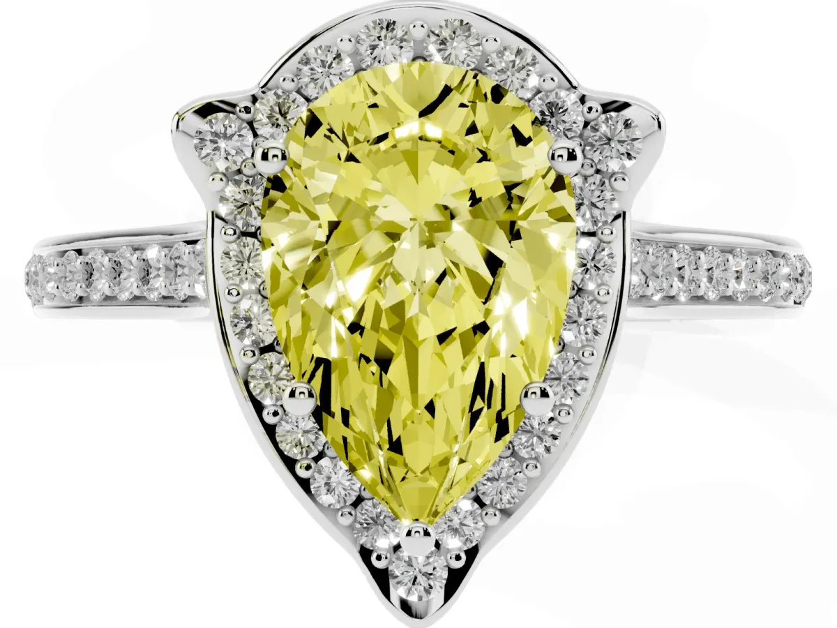 Fancy Yellow Pear Cut Halo Round Diamond Pave Band with Four-Prong Setting Silver