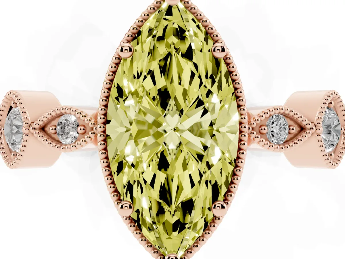 Fancy Yellow Marquise Cut Diamond Vintage Milgrain Ring with Round Stations Rose gold