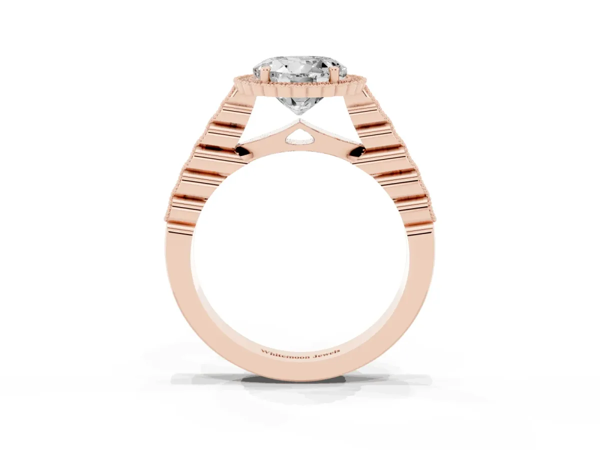 Round Cut Cut Halo Pavé Solitaire Ring with Milgrain Band Rose gold