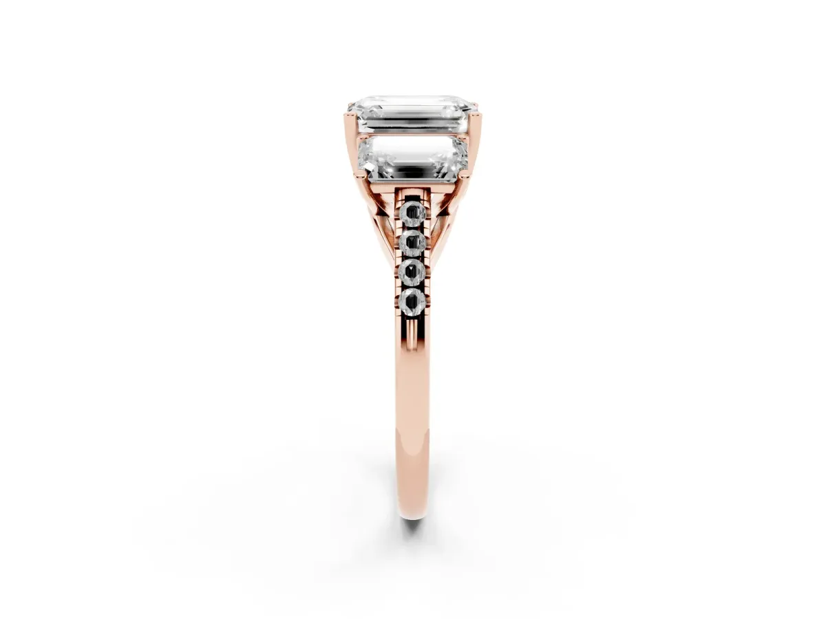 Three-Stone Emerald Cut Diamond Ring with Round Pavé Band and Prong Setting Rose gold