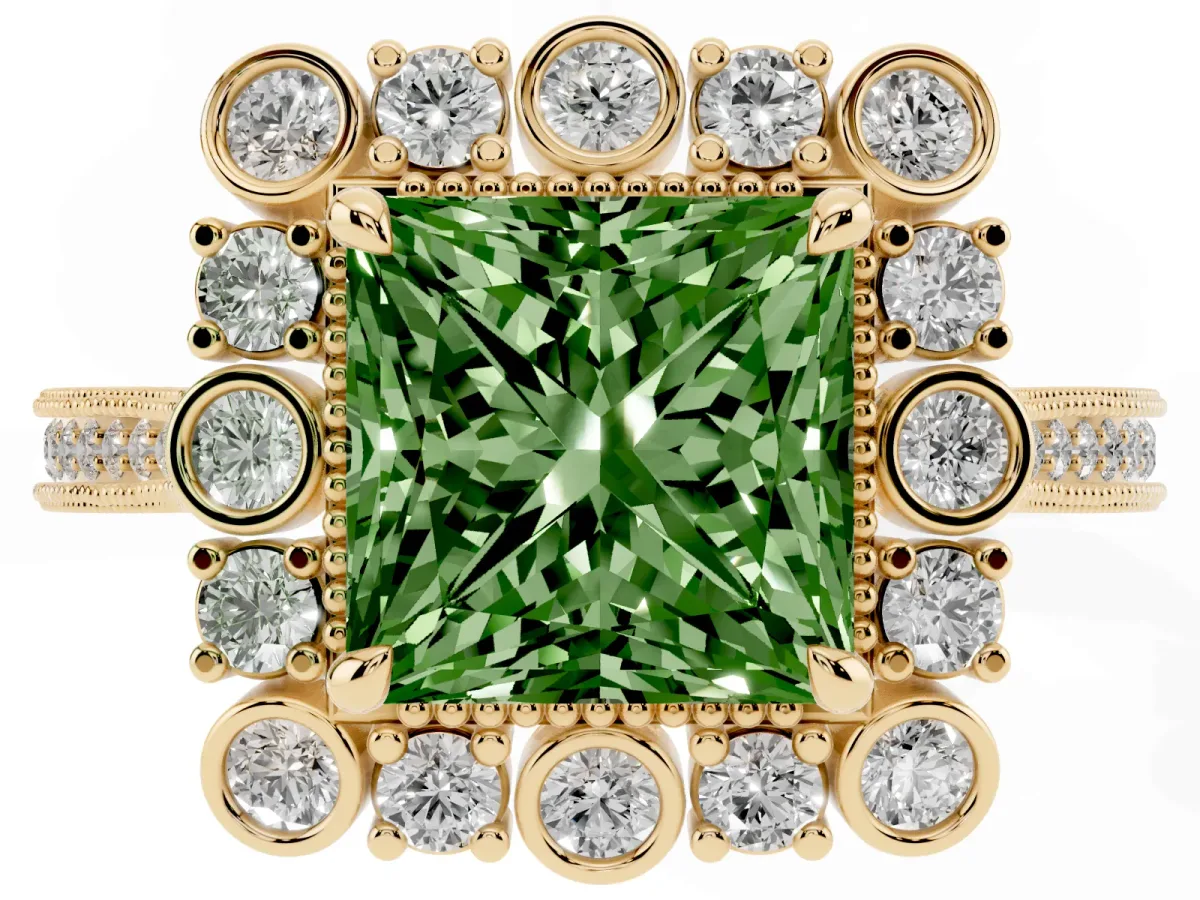 Fancy Green Princess Cut Halo Milgrain Pave Diamond Ring with Four-Prong Setting Yellow gold