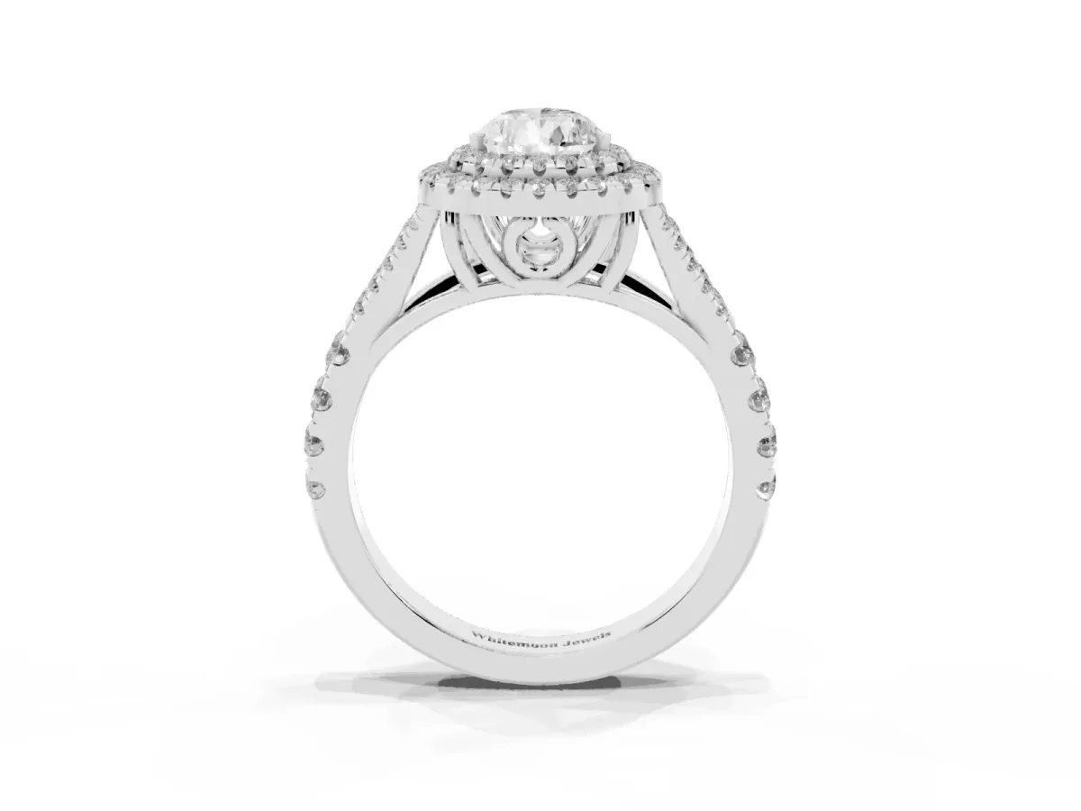 Double Halo Pear Cut Diamond Split Shank Engagement Ring with Four-Prong Setting Silver