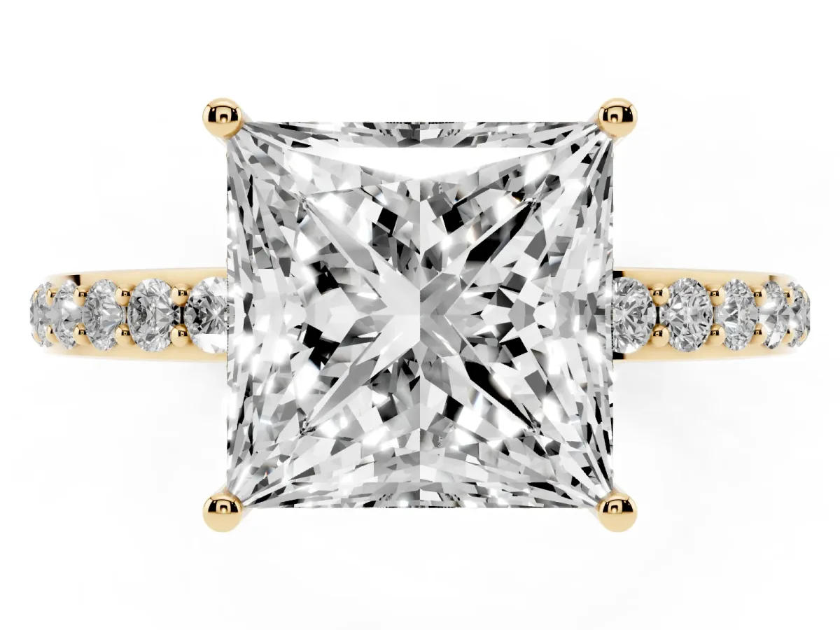 Princess Cut Diamond Solitaire Ring with Pavé Band and Hidden Halo Yellow gold