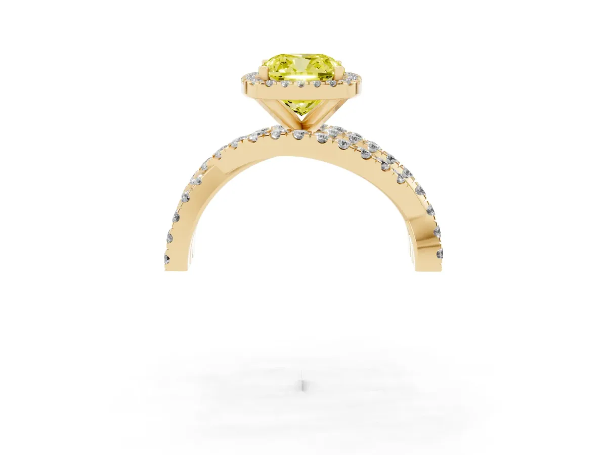 Fancy Yellow Cushion Cut Diamond Halo Ring with Round Split Shank and Prong Setting Yellow gold