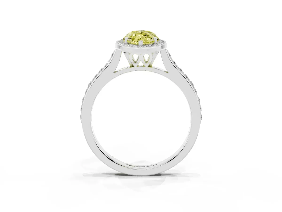 Fancy Yellow Marquise Cut Diamond Halo Engagement Ring with Round Pavé Shoulders and Prong Setting White gold