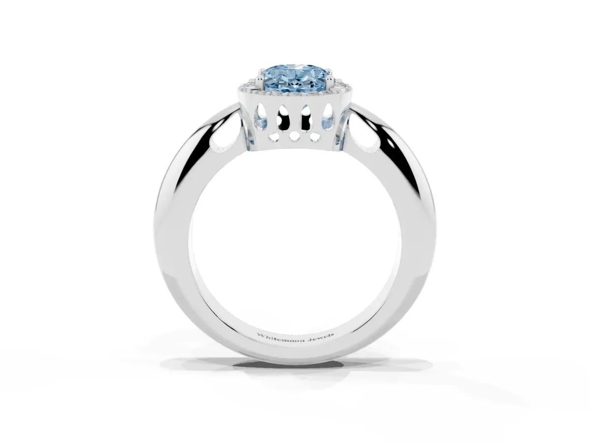 Fancy Blue Oval Cut Cut Diamond Halo Engagement Ring with Split Shank and Four-Prong Setting Silver