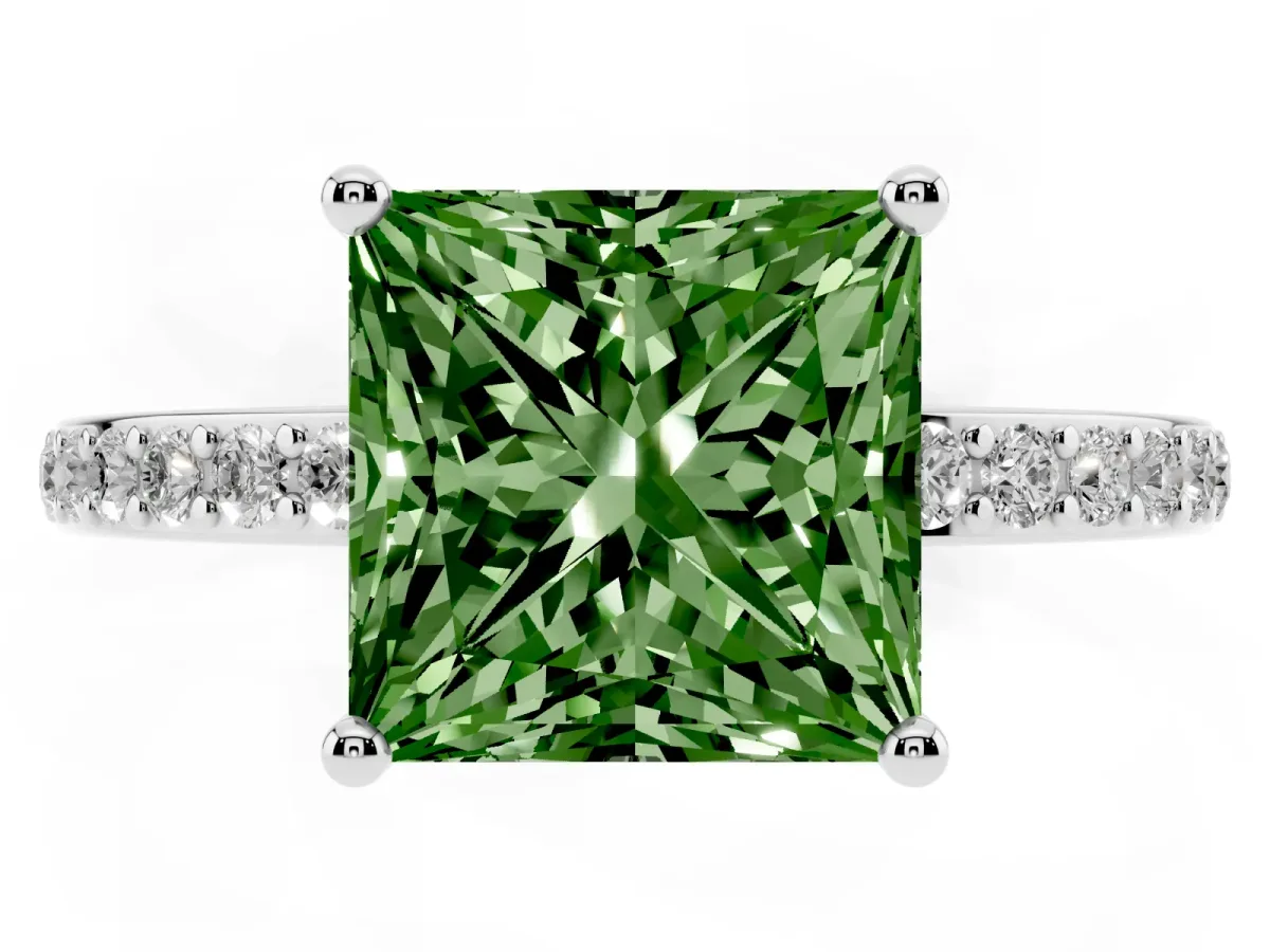 Fancy Green Princess Cut Cut Diamond Pavé Band Ring with Four-Prong Setting Silver