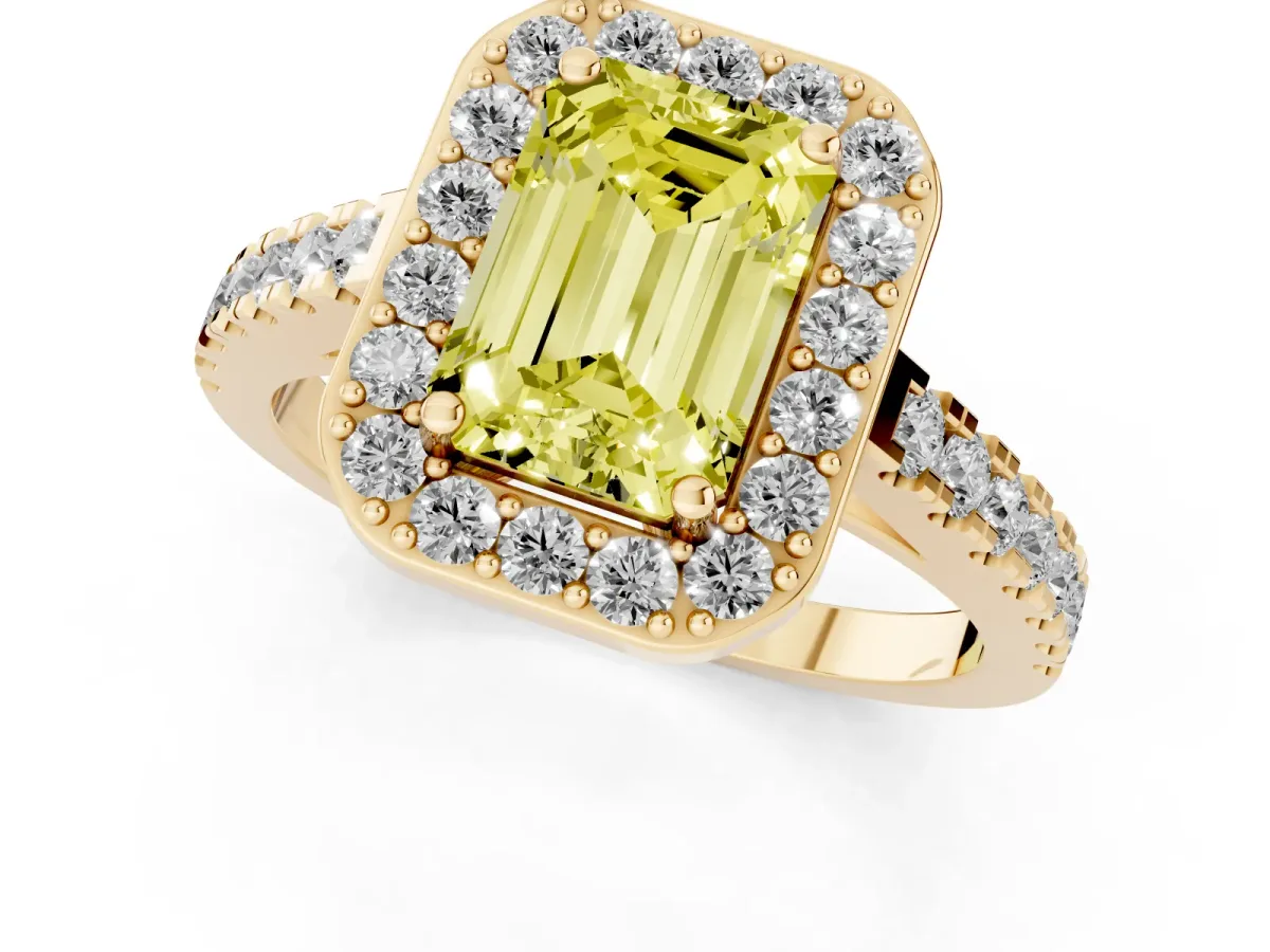 Fancy Yellow Emerald Cut Diamond Halo Ring with Round Pavé Split Shank and Prong Setting Yellow gold