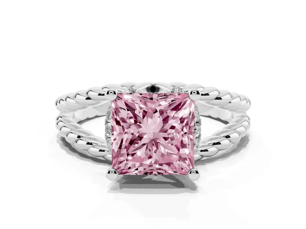 Fancy Pink Princess Cut Halo Twisted Band Four-Prong Ring Silver