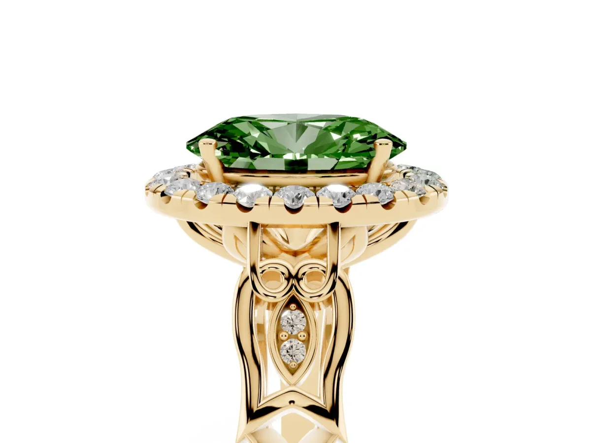 Fancy Green Oval Cut Halo Diamond Engagement Ring with Filigree Band and Four-Prong Setting Yellow gold
