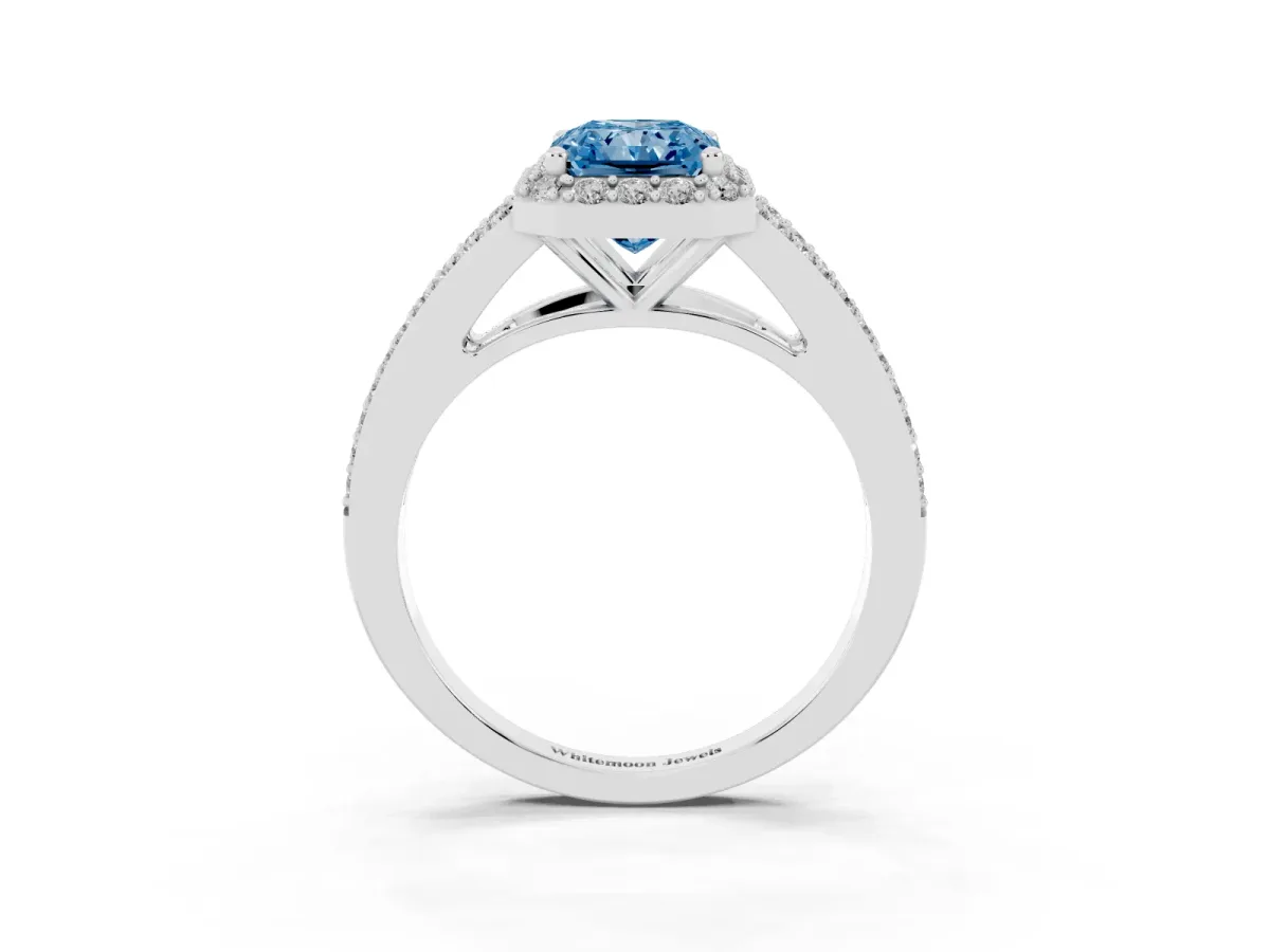 Fancy Blue Radiant Cut Halo Split Shank Diamond Ring with Prong Setting Silver
