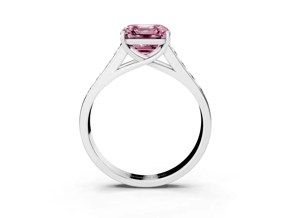Fancy Pink Asscher Cut Solitaire Channel-Set Diamond Engagement Ring with Four-Prong Setting Silver