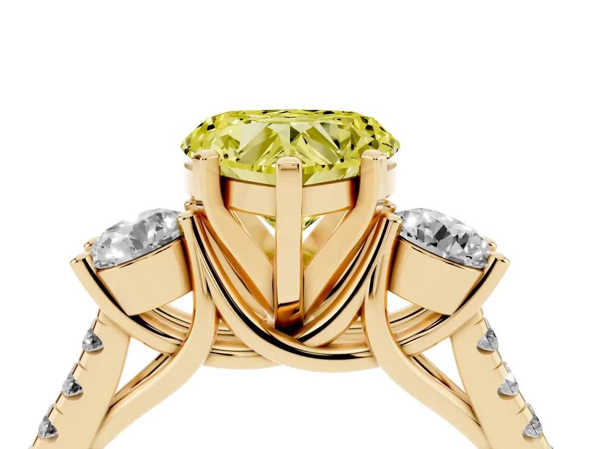 Fancy Yellow Three-Stone Heart Cut Diamond Pavé Band with Four-Prong Setting Yellow gold