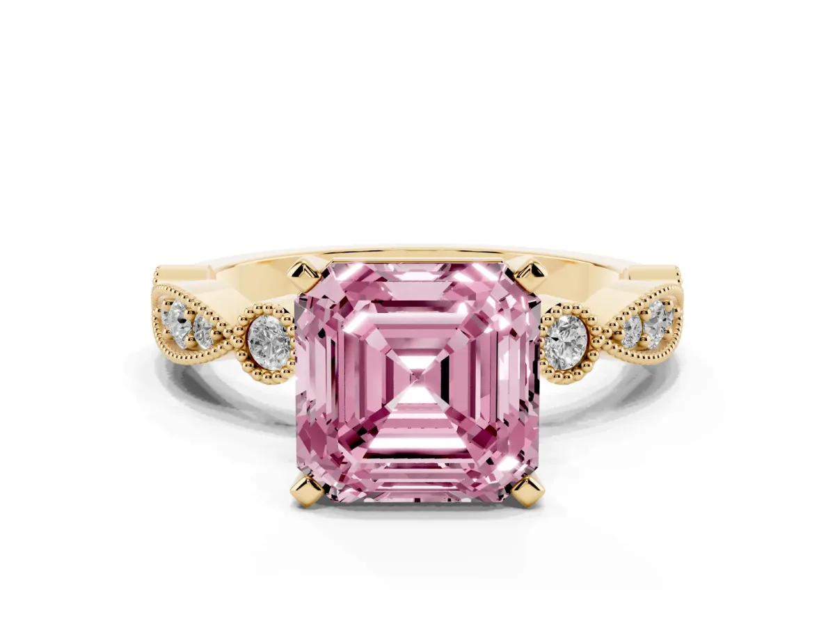 Fancy Pink Asscher Cut Milgrain Bezel Diamond Engagement Ring with Solitaire Prong Setting Yellow gold