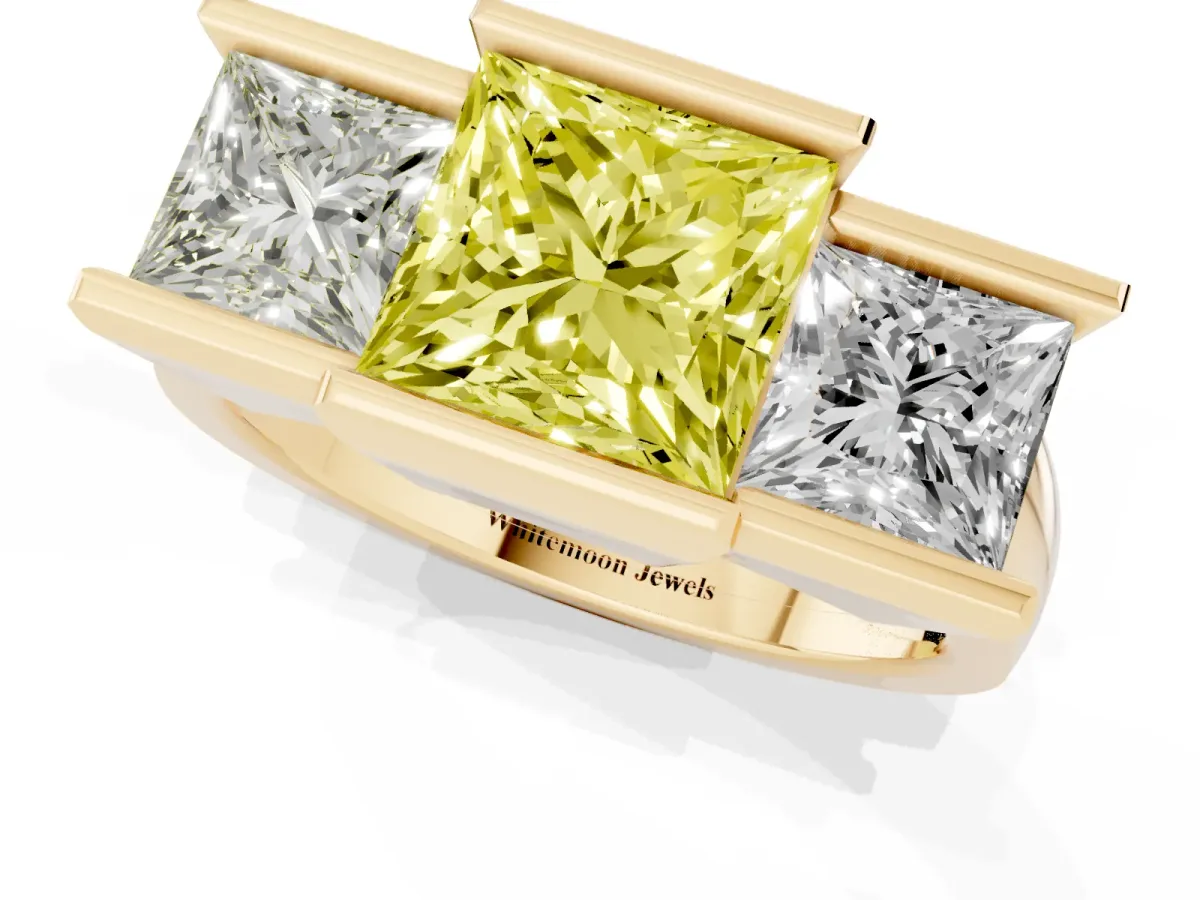 Fancy Yellow Three Stone Princess Cut Cut Channel Set Diamond Ring Yellow gold