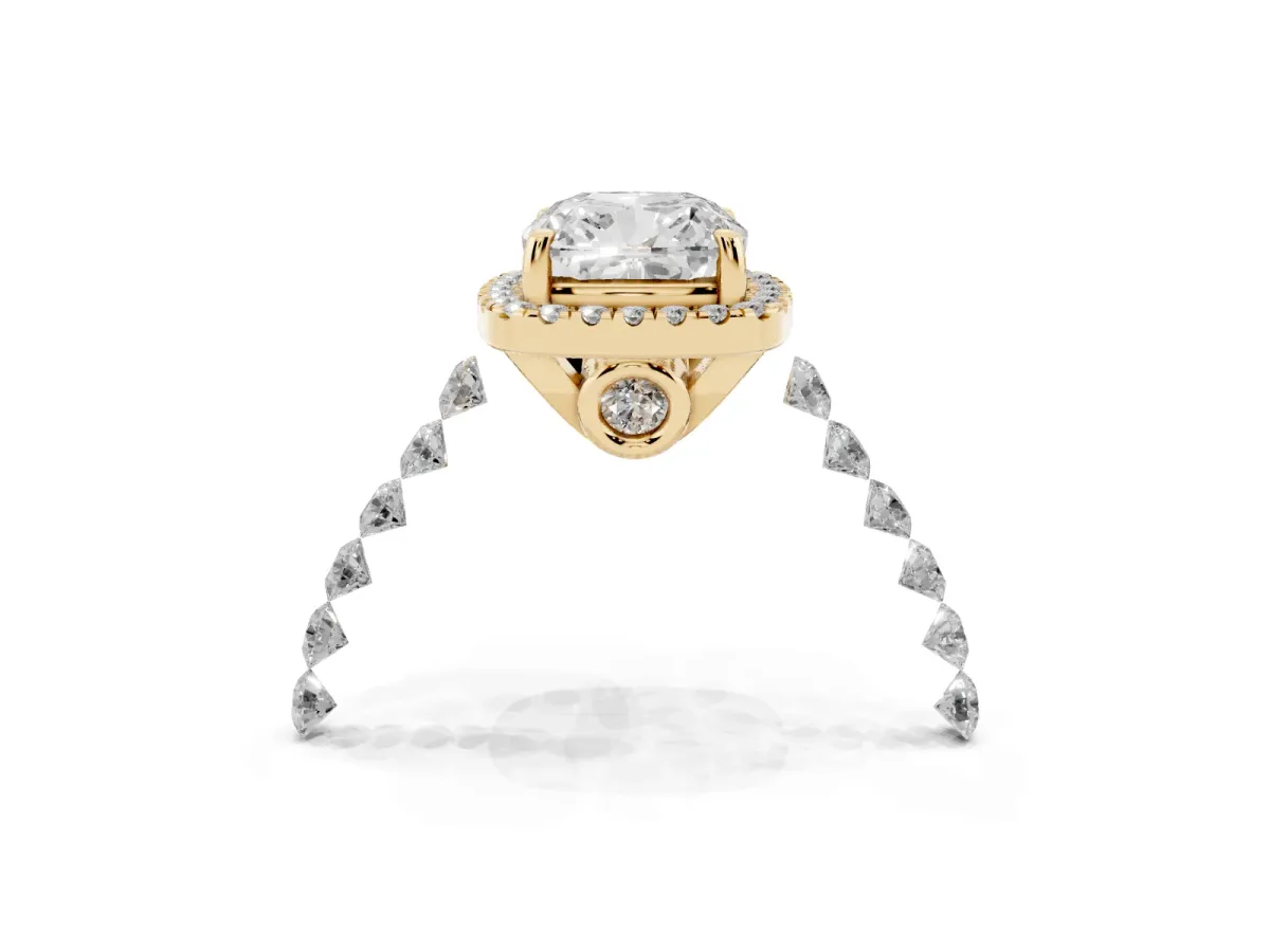 Cushion Cut Halo Pavé Diamond Engagement Ring with Four-Prong Setting Yellow gold
