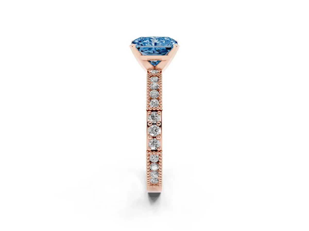 Fancy Blue Radiant Cut Solitaire with Pavé Band and Four-Prong Setting Rose gold