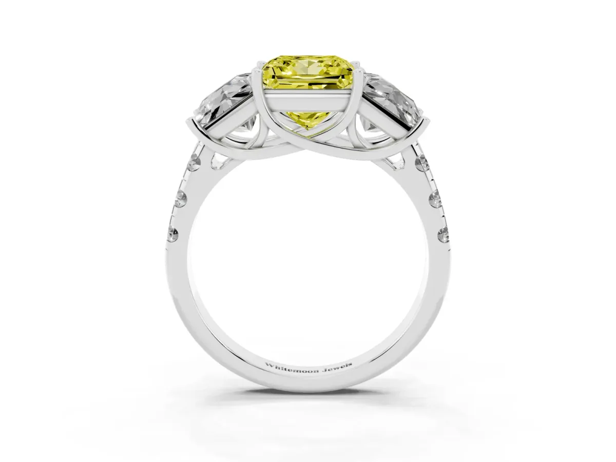 Fancy Yellow Three-Stone Princess Cut Diamond Pavé Band with Prong Setting Silver