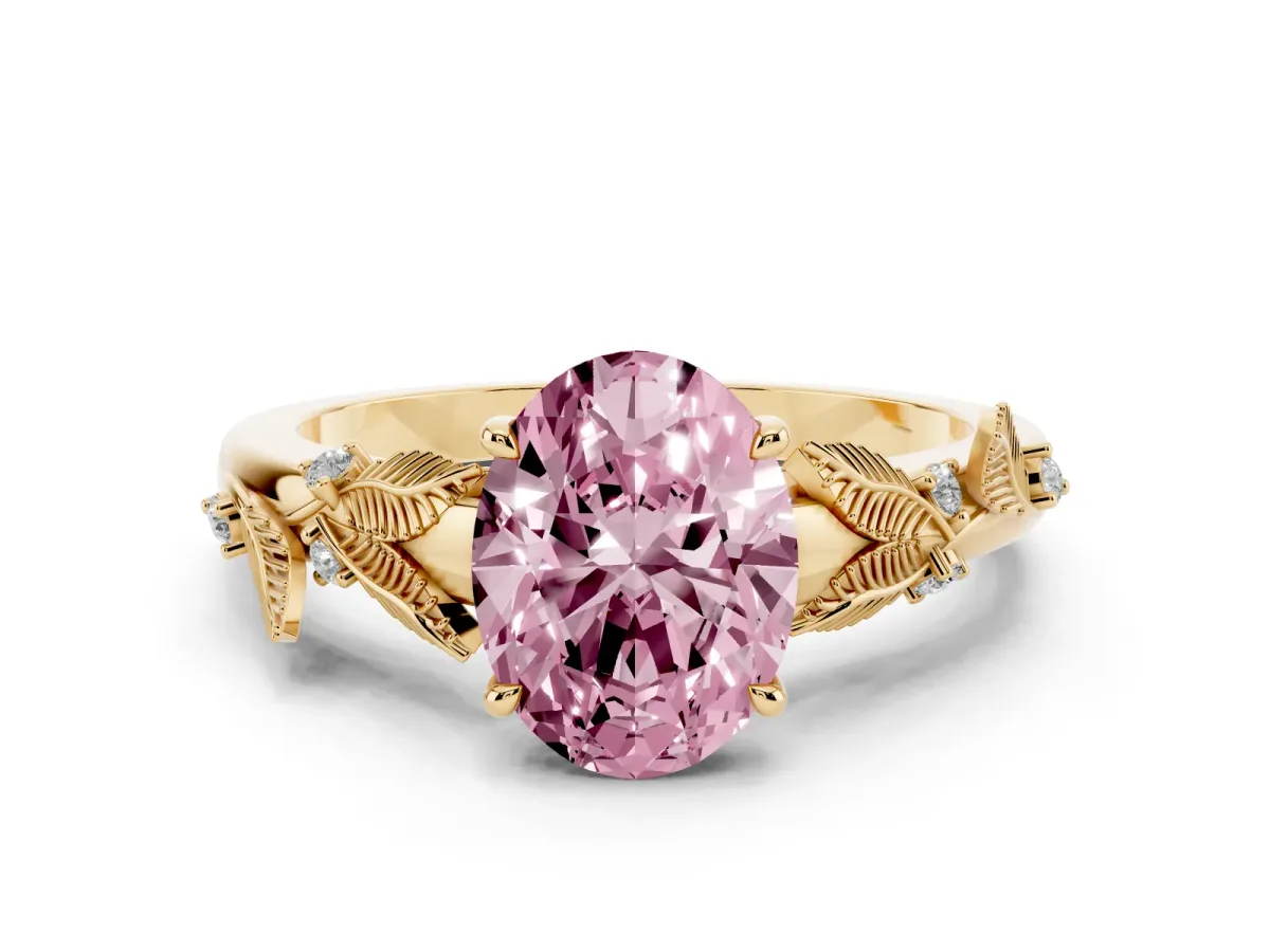 Fancy Pink Oval Cut Diamond Solitaire Ring with Leaf Motif Band and Four-Prong Setting Yellow gold