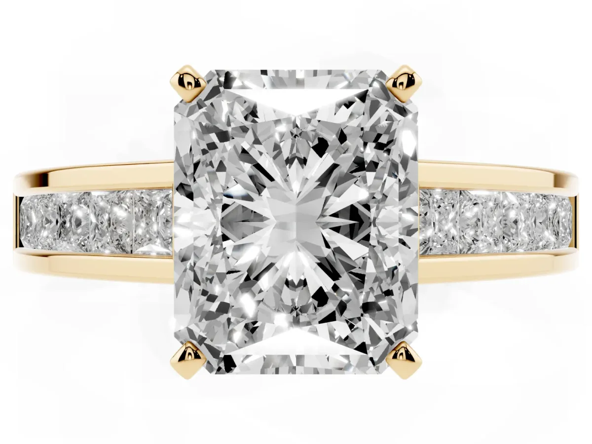Radiant Cut Solitaire Diamond Ring with Channel-Set Band and Four-Prong Setting Yellow gold