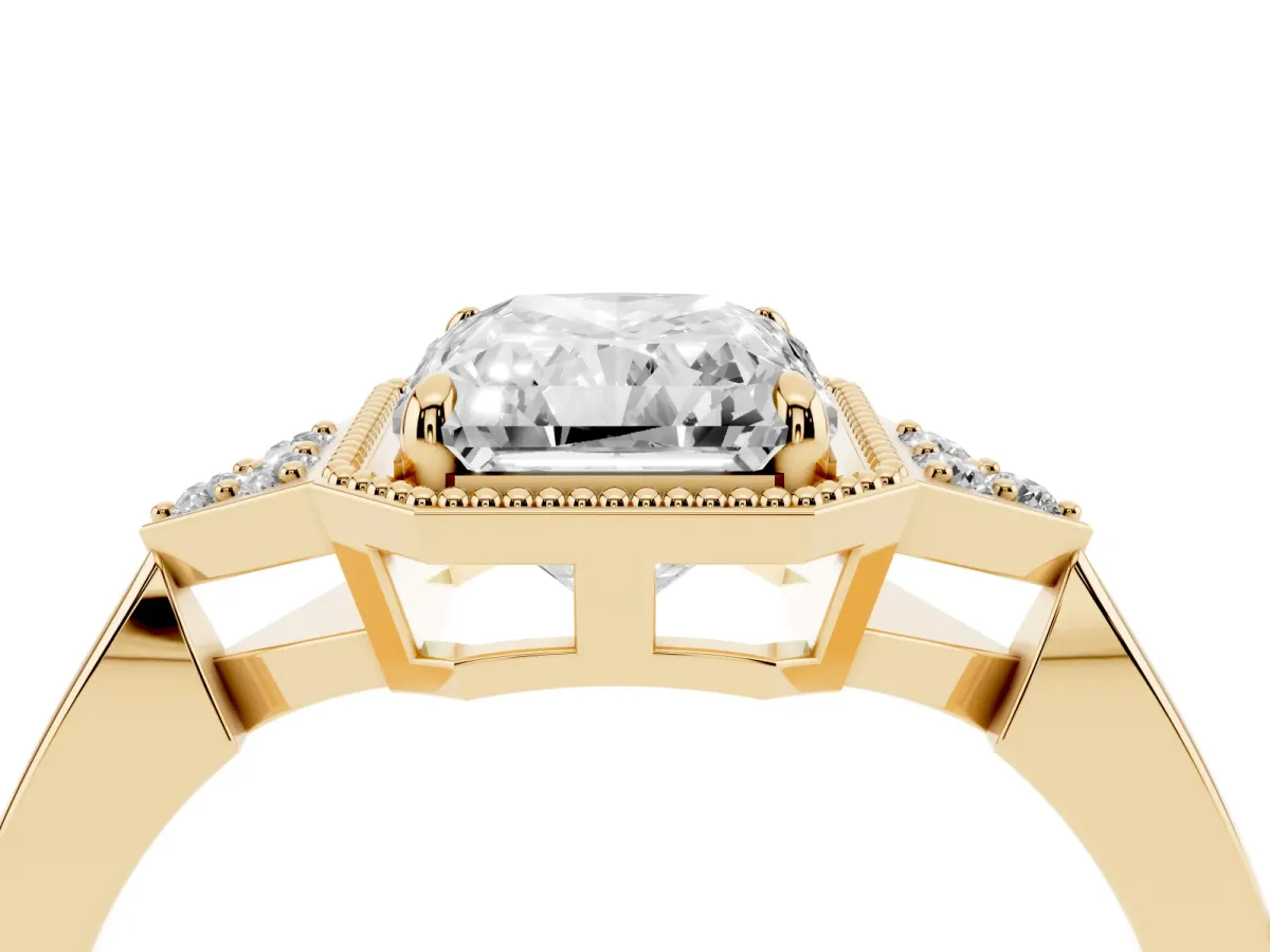 Radiant Cut Diamond Halo Ring with Tapered Band and Four-Prong Setting Yellow gold