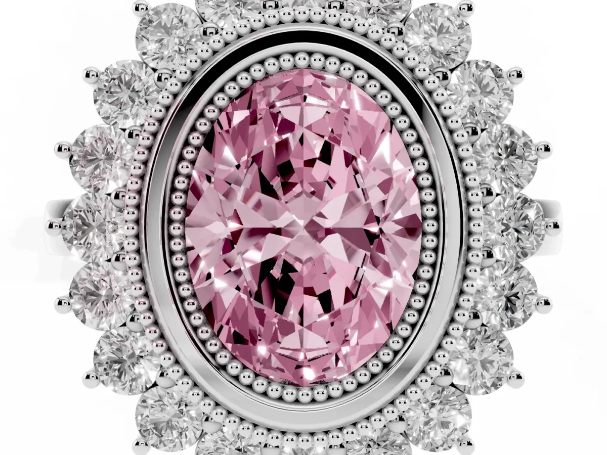 Fancy Pink Oval Cut Halo Diamond Ring with Milgrain Edge and Round Prong Setting Silver