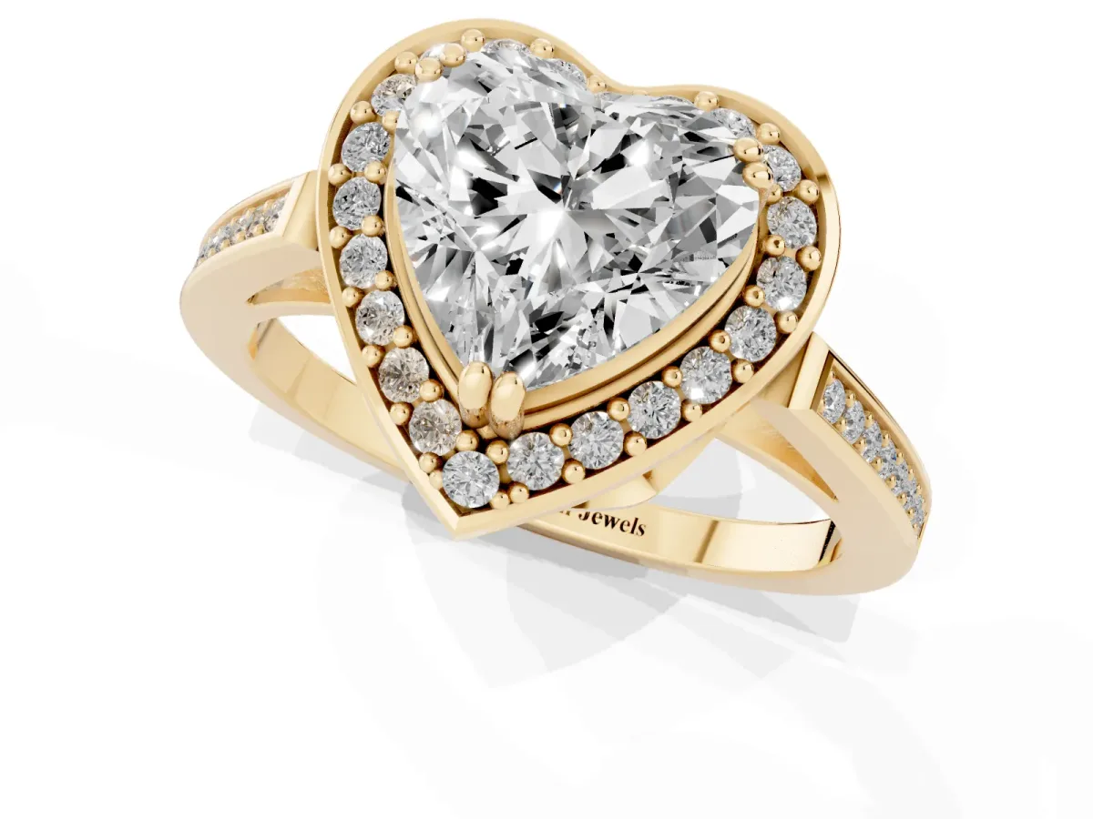 Heart Cut Diamond Halo Ring with Split Shank and Four-Prong Setting Yellow gold