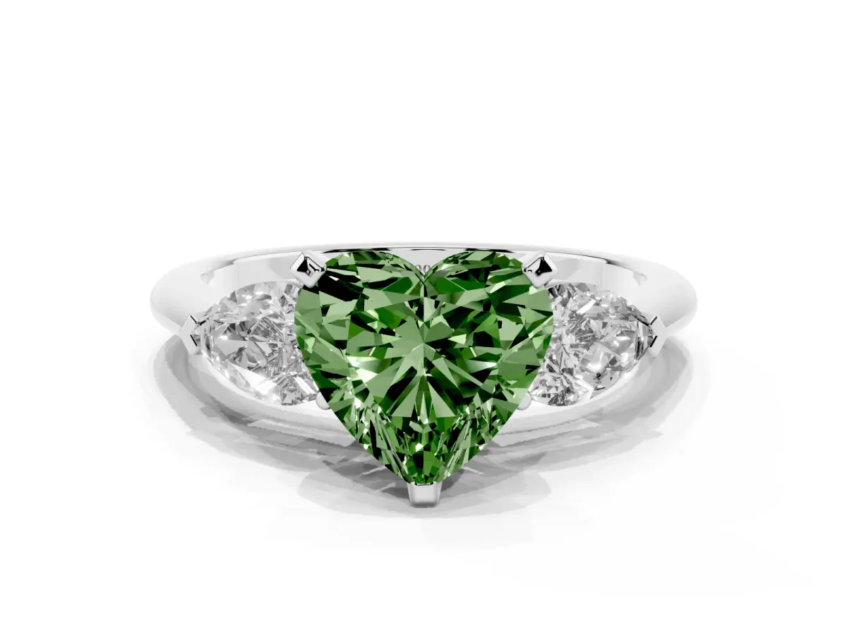 Fancy Green Three-Stone Heart Cut Diamond Ring with Pear Side Stones and Four-Prong Setting Silver
