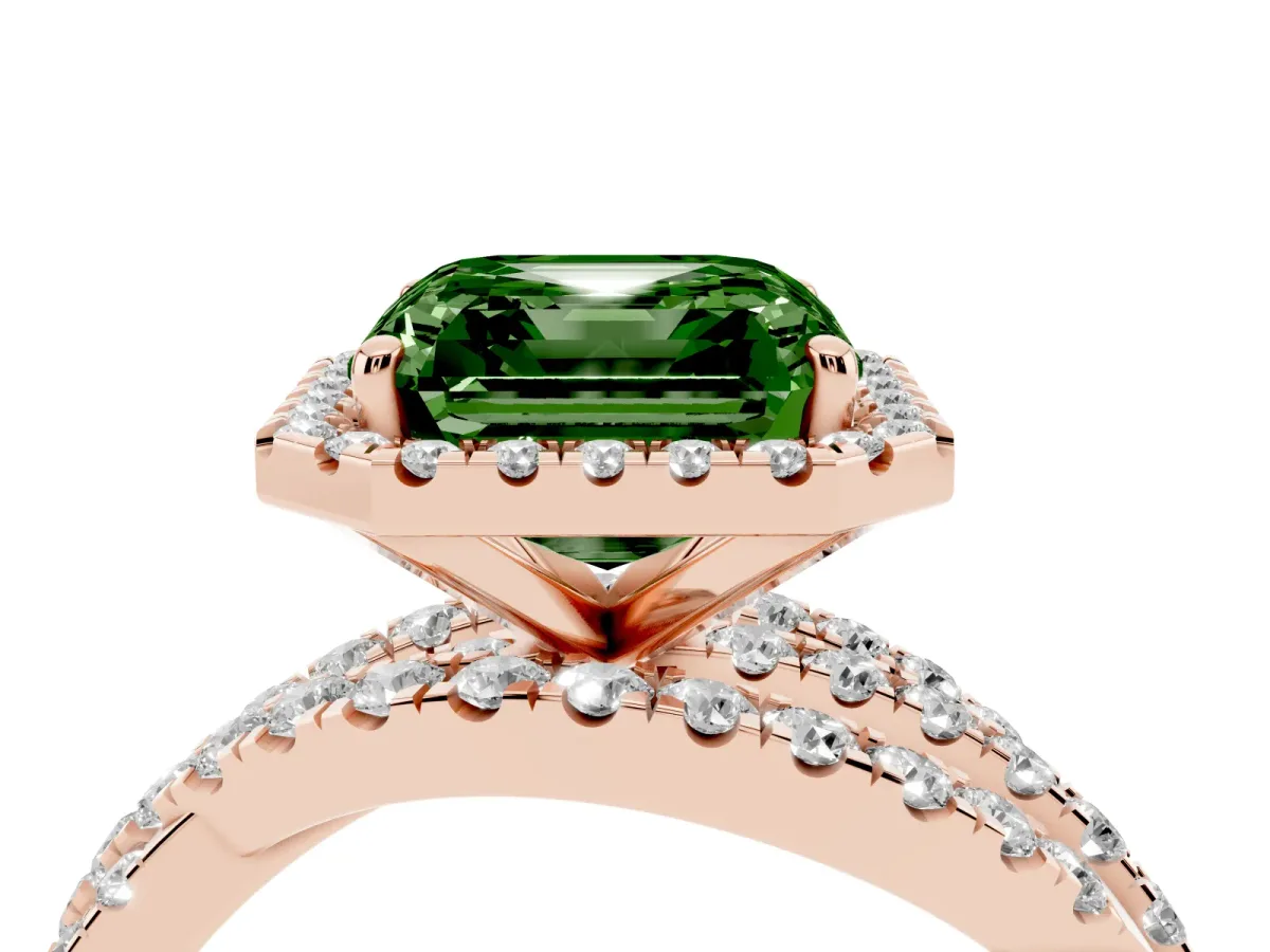 Fancy Green Asscher Cut Diamond Halo Ring with Round Split Shank and Prong Setting Rose gold