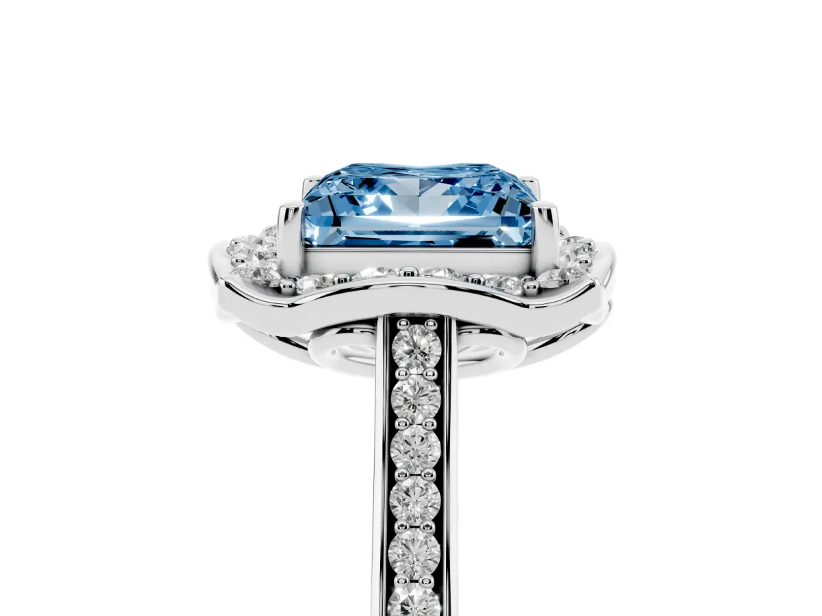Fancy Blue Princess Cut Halo Round Diamond Pave Band with Four-Prong Setting Silver