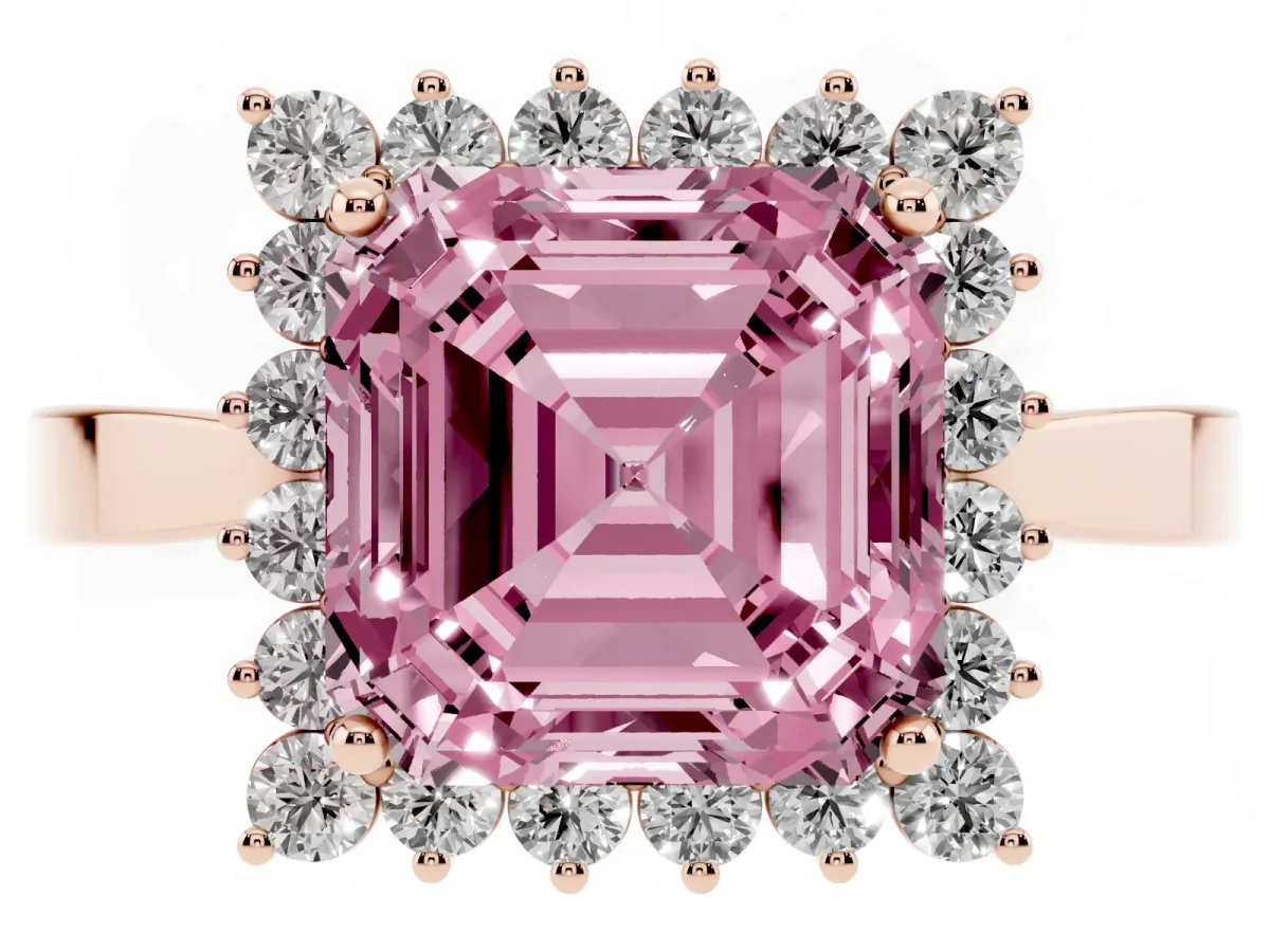 Fancy Pink Asscher Cut Cut Diamond Halo Ring with Round Brilliant Halo and Solitaire Band Rose gold