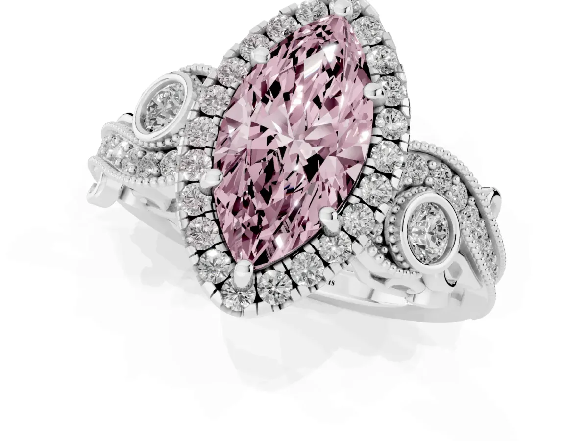 Fancy Pink Marquise Cut Diamond Halo Ring with Milgrain Pavé Band and Four-Prong Setting Silver