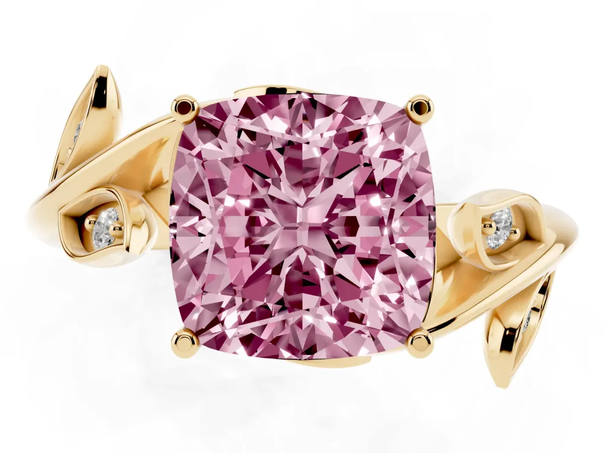 Fancy Pink Cushion Cut Solitaire Twist Engagement Ring with Leaf Accents and Prong Setting Yellow gold