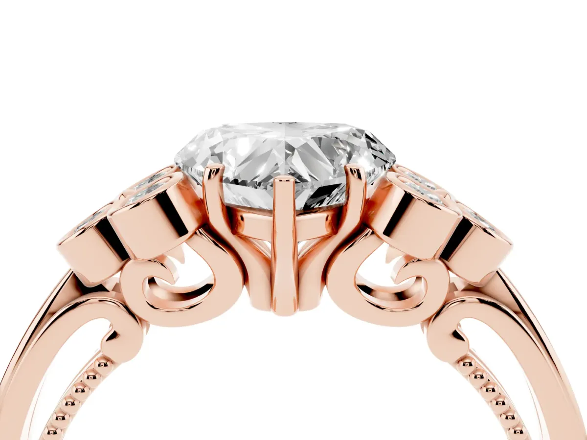 Heart Cut Cut Diamond Engagement Ring with Bezel Set Round Side Stones and Prong Setting Rose gold