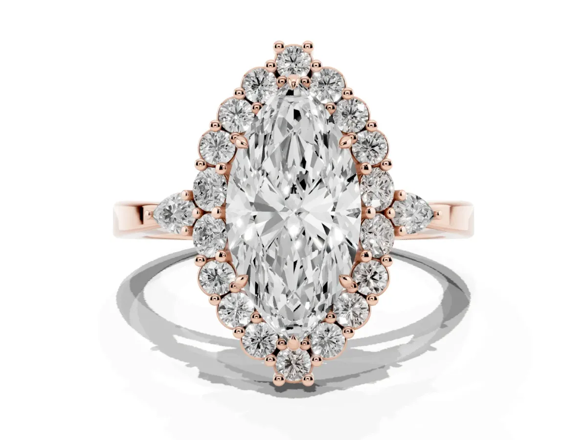 Marquise Cut Diamond Halo Ring with Pear Side Stones and Prong Setting Rose gold