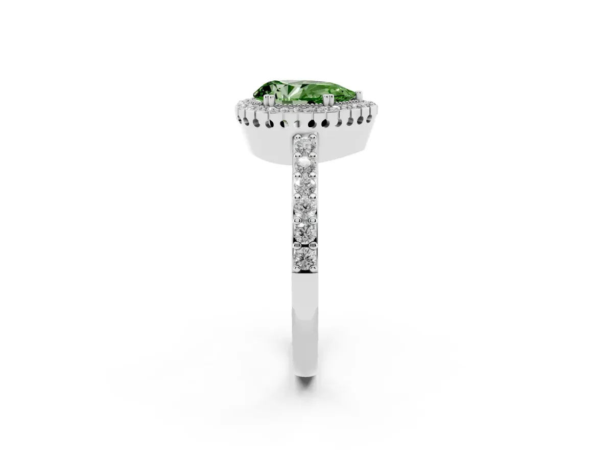Fancy Green Pear Cut Cut Diamond Halo Engagement Ring with Milgrain Detail and Pavé Band Silver