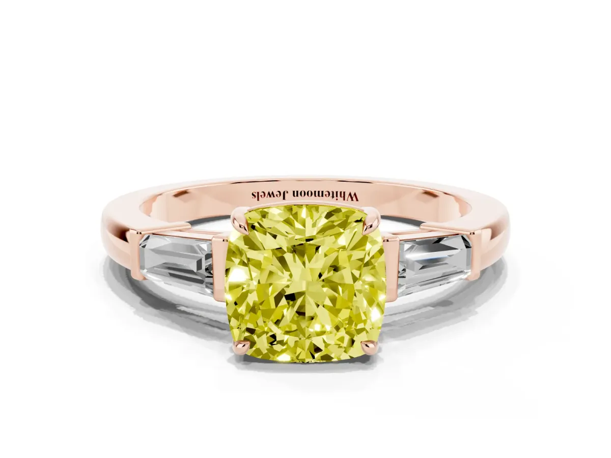 Fancy Yellow Cushion Cut Diamond Three-Stone Ring with Tapered Baguette Side Stones and Prong Setting Rose gold