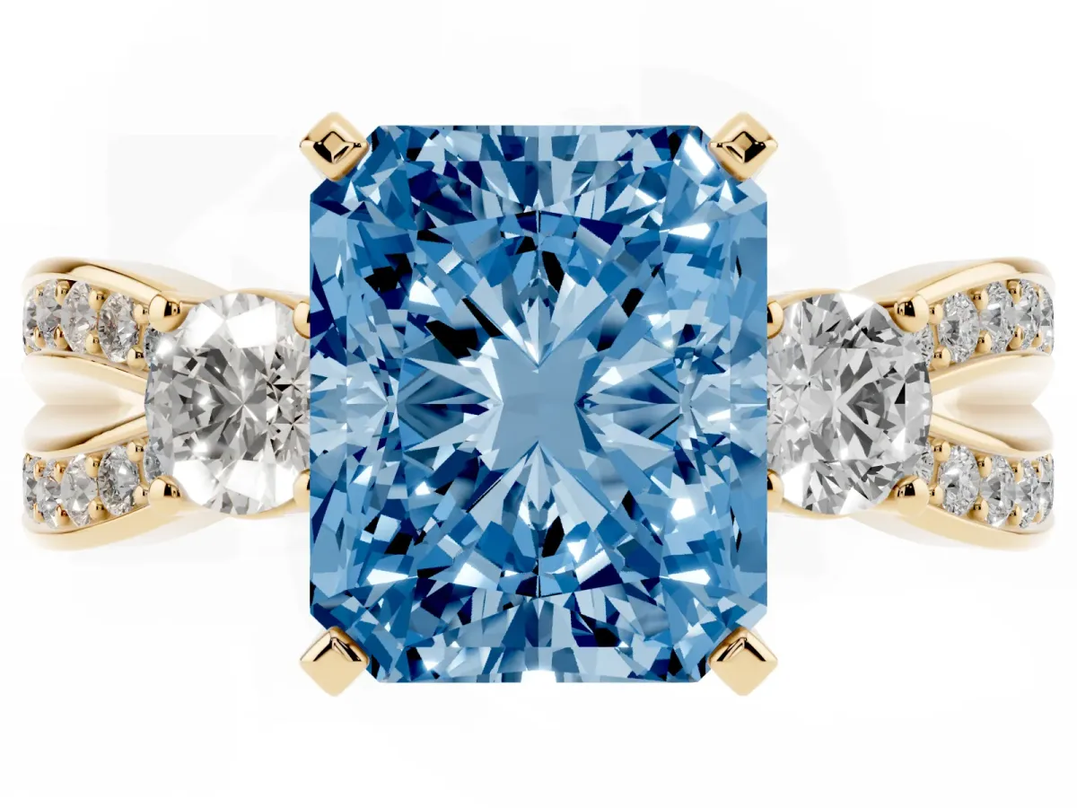 Fancy Blue Three-Stone Radiant Cut Cut Diamond Twist Band with Prong Setting Yellow gold